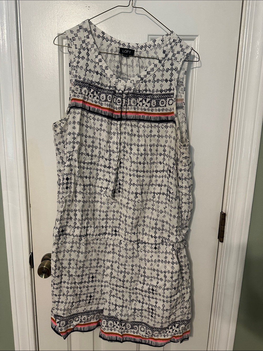 LOFT White and Navy Sleeveless Printed Shift Dress with Coral Accents